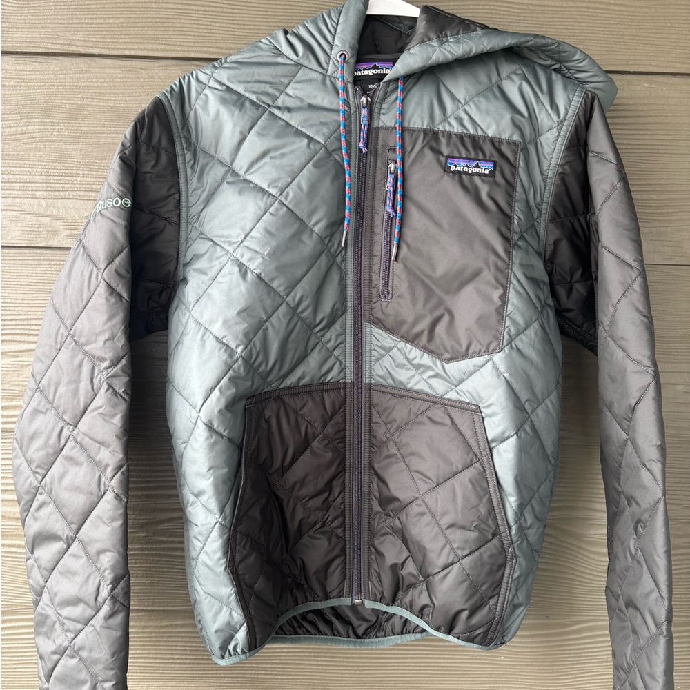 Patagonia Quilted Jacket with Hood in Gray and Blue